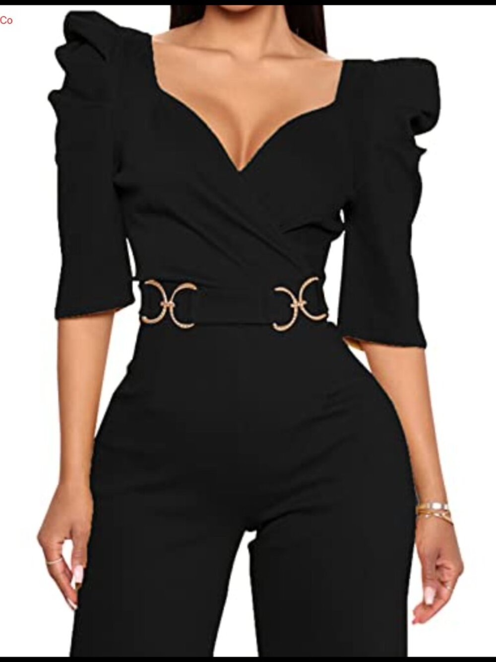 ZonJie Women's Deep V-Neck Puff Sleeve Wide Leg Jumpsuit Belted Party